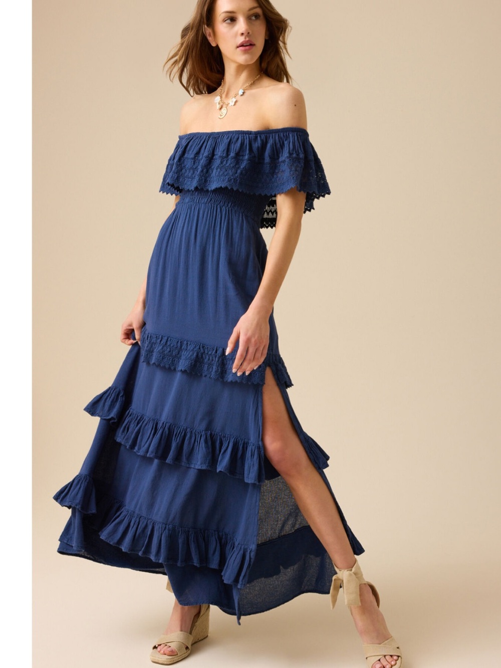 Altar'd State Navy Off-Shoulder Ruffle Maxi Dress